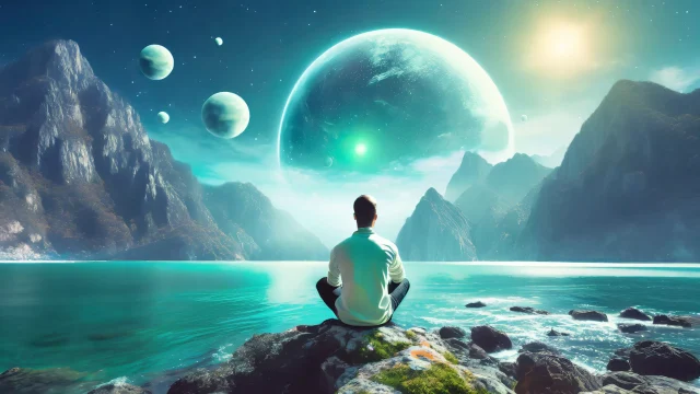 Firefly a man sitting on the edge of dreamy ocean mountains in