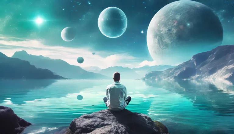 Firefly a man sitting on the edge of dreamy ocean mountains in 1