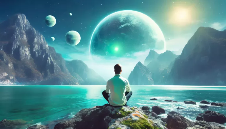 Firefly a man sitting on the edge of dreamy ocean mountains in